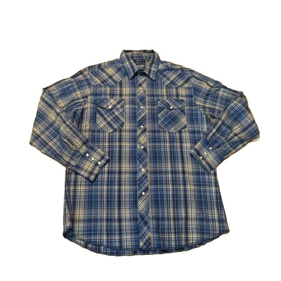 Wrangler Western Shirt Mens Large Blue Pearl Snap Plaid Long Sleeve Button Up - Picture 1 of 8